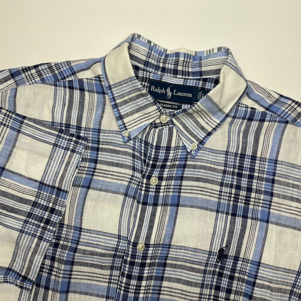 Ralph Lauren Button Down Linen Shirt Large Blue White Plaid Classic Short Sleeve